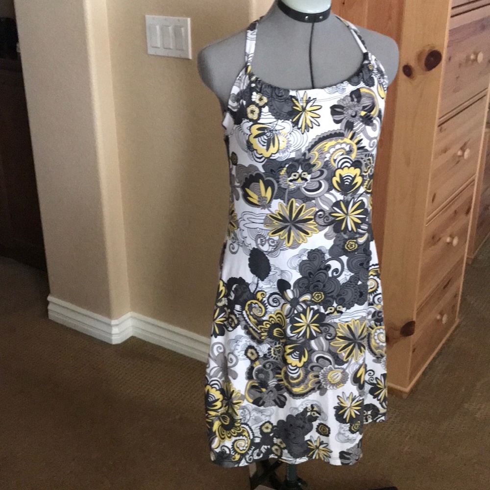 Yellow, grey, white and black dress